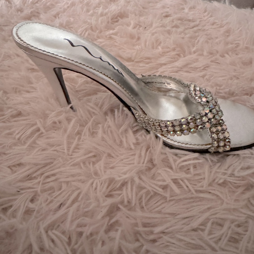 Nina , silver rhinestone embellished kitten heel slides. Size 6.5